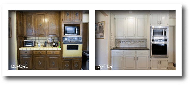 before and after kitchen cabinet refinishing.
