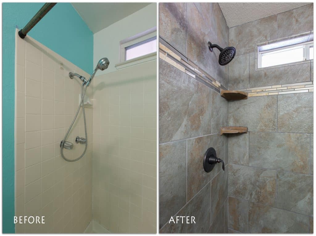 before and after shower remodel.