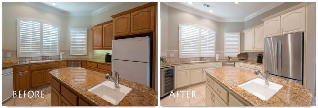 Before and after kitchen cabinet refinish.