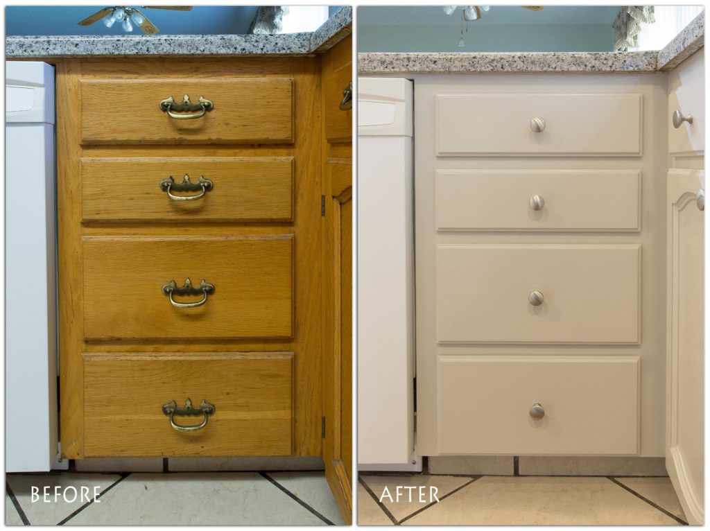 white refinished cabinets.