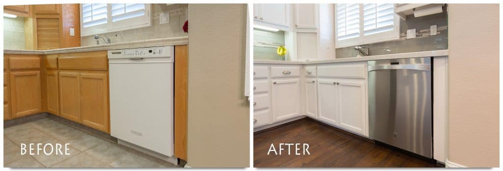 before and after refinished cabinets.