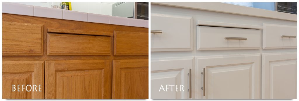 refinished white cabinets with new hardware.