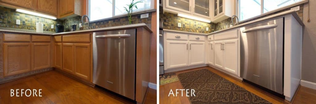 before and after kitchen refinishing transformation.