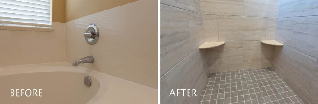 custom-built walk in shower with full tile.