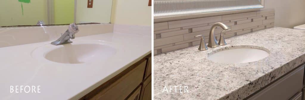 before and after custom vanity sink remodel.