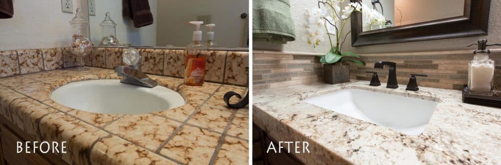 before and after custom vanity sink remodeled.