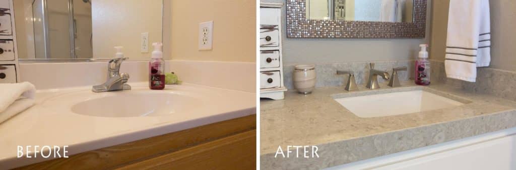 before and after custom vanity sink remodel. 