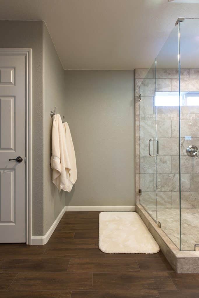 Bathroom wood tile flooring.