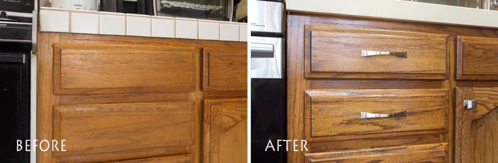 before and after cabinet stain and fixtures.