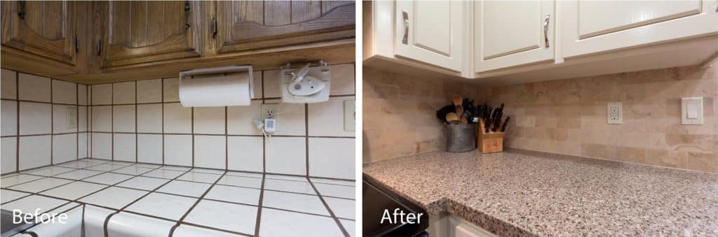before and after countertop and backsplash remodel.