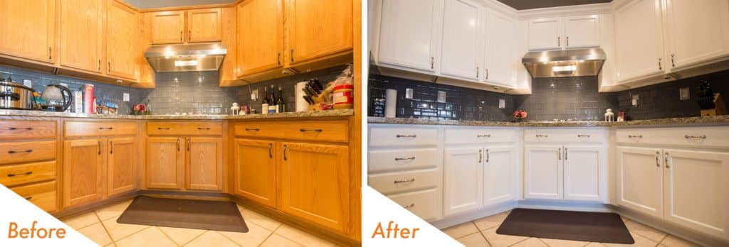Before and after cabinet refinish.