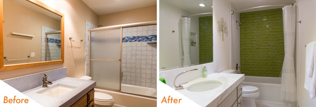 Modern bathroom before and after image.