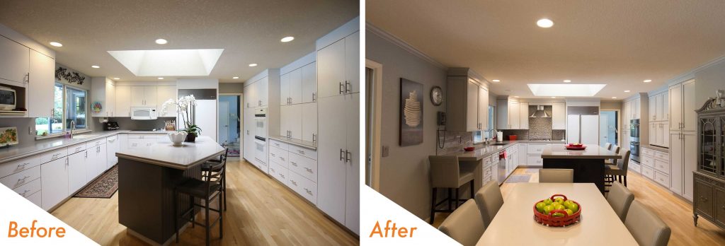 before and after kitchen remodel with custom kitchen island.
