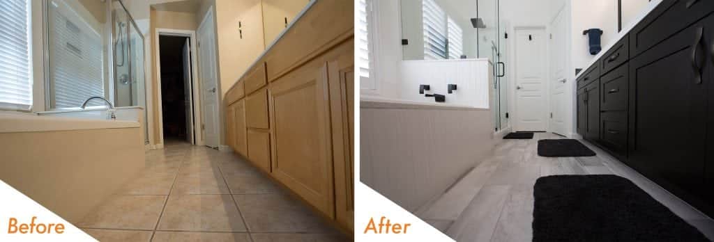 before and after modern bathroom remodel.