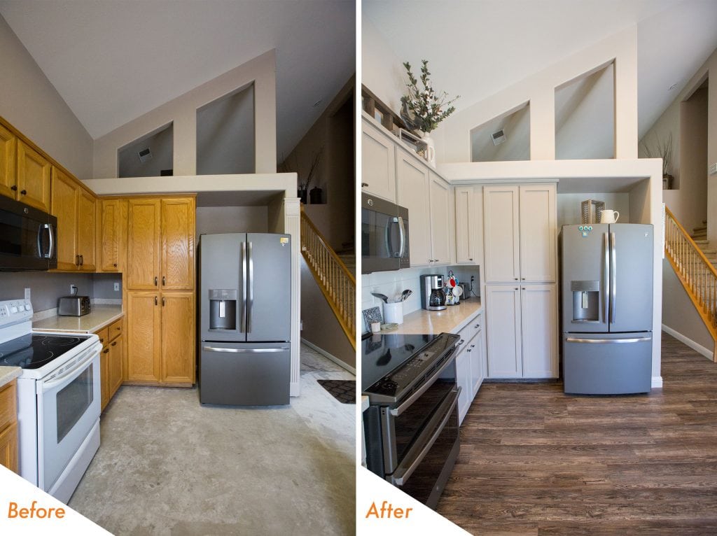 before and after open concept kitchen remodel.