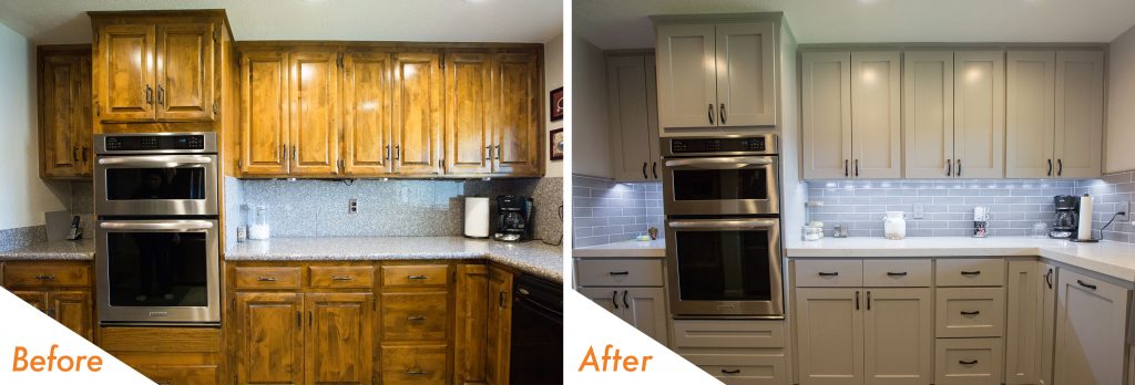 new cabinets, backsplash, and countertop.