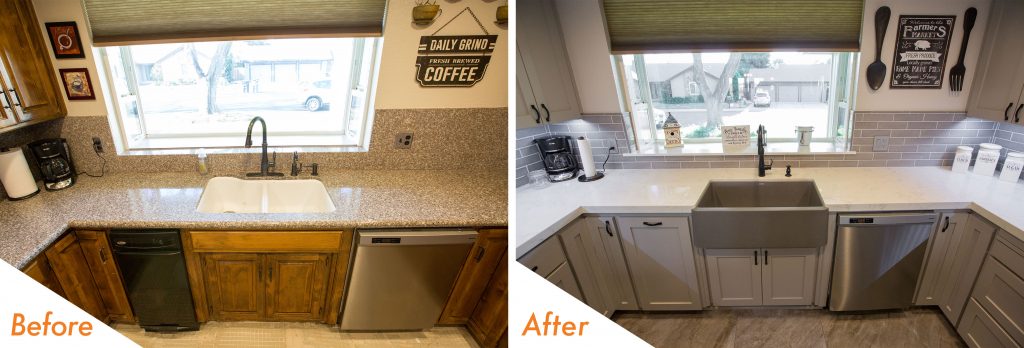 Before and after kitchen sink remodel.