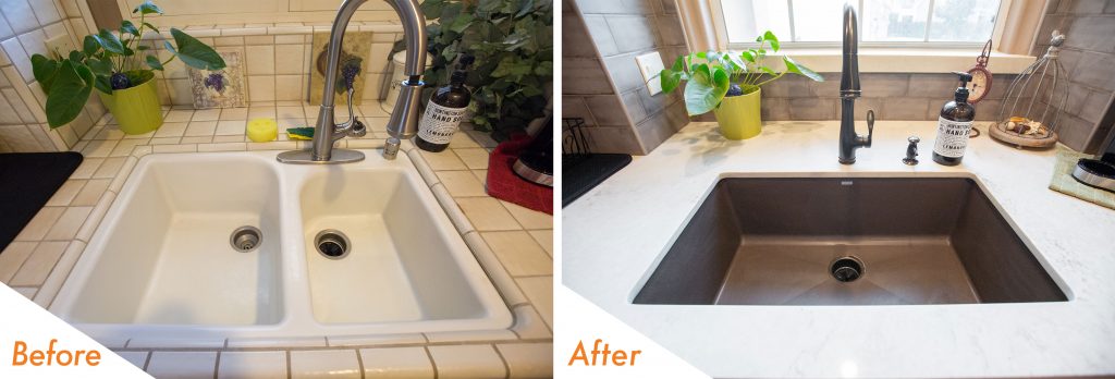 before and after sink remodel with new plumbing and fixtures.