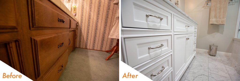 before and after custom bathroom cabinets.