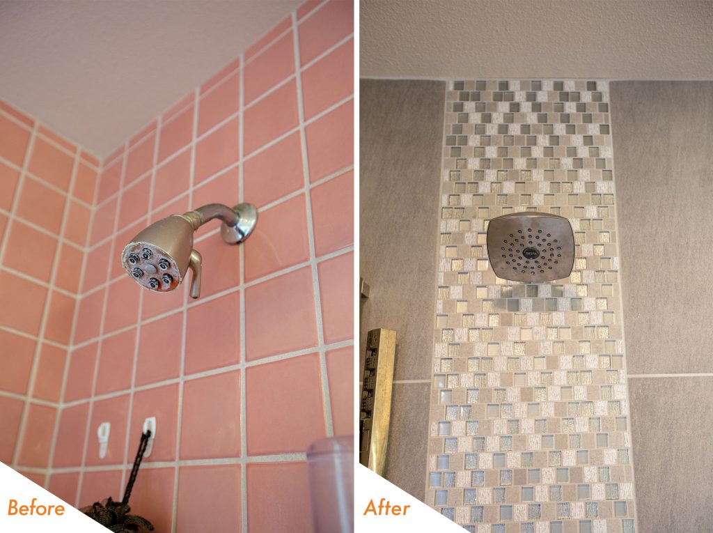 Rain-fall shower head and new tile.