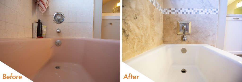 before and after shower tile and bath tub.