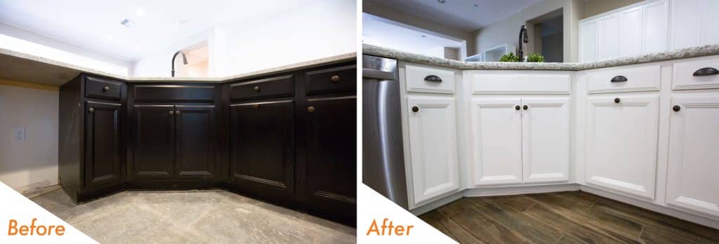 before and after cabinet refinish.